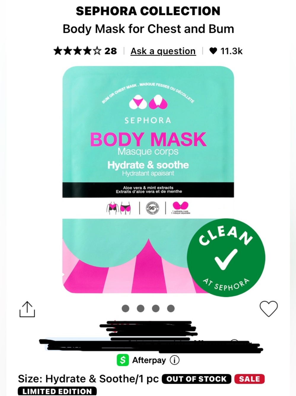 Sephora Body Mask – Hydrate & Soothe BUM OR CHEST MASK SINGLE Mint Green & Pink
